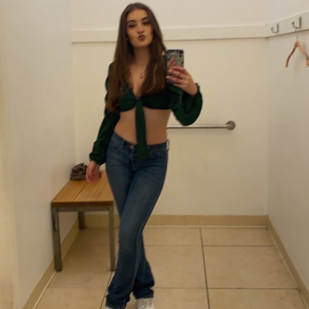 green cropped long sleeve bra cover top
